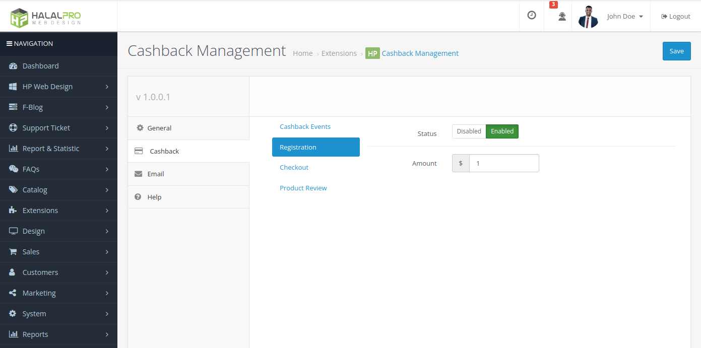 cashback setting after customer registration opencart